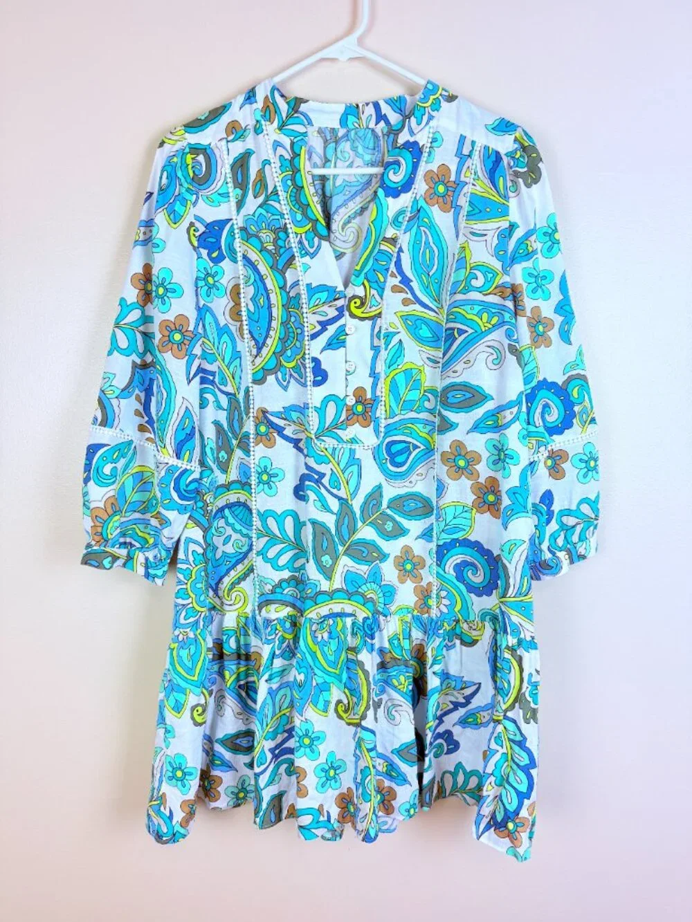 Paisley Floral Mini Dress Cotton Feel Long Sleeve Tiered Boho